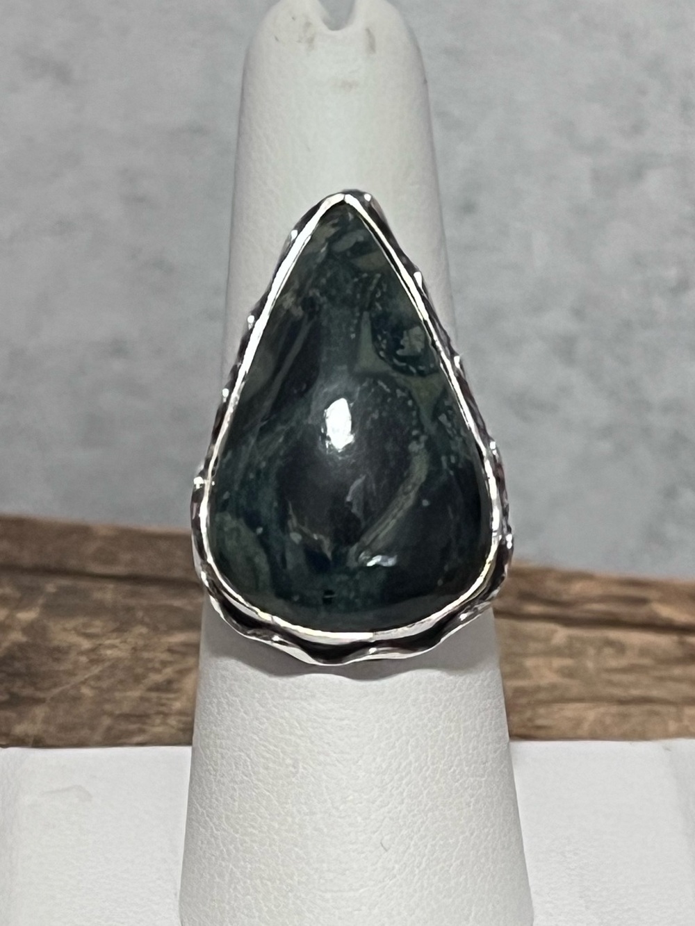 Sterling Silver Teardrop Dark Green Jasper Statement Ring